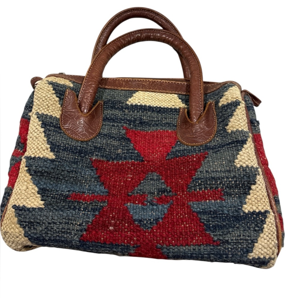 Vintage Wool Aztec Handcrafted Multicolor Tote Bag With Leather Handles